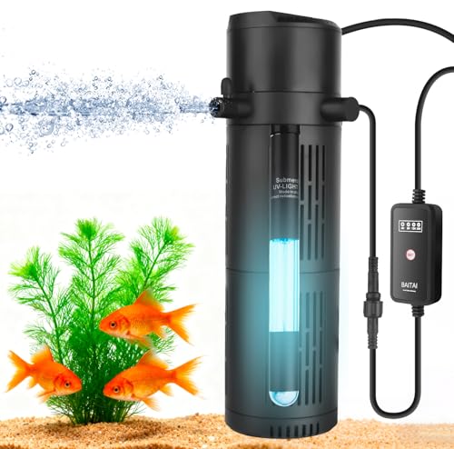 BAITAI Aquarium Innenfilter mit UV-Sterilisator & Timer, Leistungsstarke 5-in-1 Filterpumpe mit Belüftung & Regendusche, 1200 L/H, Leise, für Süß- & Meerwasser, geeignet für 120–400L Aquarien