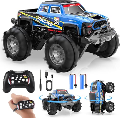 DEERC Amphibischer RC-Monstertruck/Boot, IPX7 wasserdichtes ferngesteuertes Auto mit Gestensteuerung, 2.4GHz 4WD RC-Auto,360°Drehung, LED-Licht, 40 Minuten Spielzeit, Spielzeug für Kinder 6–12(Blau)
