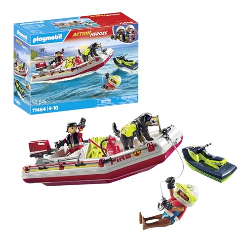 PLAYMOBIL Action Heroes 71464 Feuerwehrboot mit Aqua Scooter, aufregende Wasserrettung, inklusive Taucherbrille, Schwimmflossen und Rettungsweste, realitätsnahes Spielzeug für Kinder ab 4 Jahren