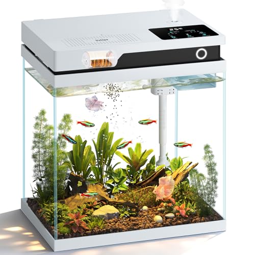 16L Nano Aquarium Komplettset, Intelligentes Aquarium Klein mit automatischer Futterstation, geräuscharmer 4-in-1-Pumpe, Einstellbarer 8-Farben-Beleuchtung, Temperaturanzeige und Luftbefeuchter