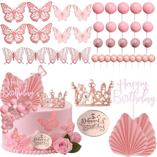 Tazuxetuqe 42Pcs Rosa Kugeln Mit Kronenmotiv, Tortenaufsatz Mit Schmetterlingskrone Für Geburtstagstorten, Geeignet Für Hochzeiten, Babypartys Und Andere Feierlichkeiten
