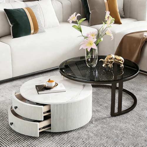 2er-Set Couchtisch, Moderne Runder Beistelltisch mit Gehärtetem Glas & Metallrahmen, Stapelbarer Platzsparender Weiße Marmor Satztisch mit Schubladen für Schlafzimmer Wohnzimmer,Weiß Runden