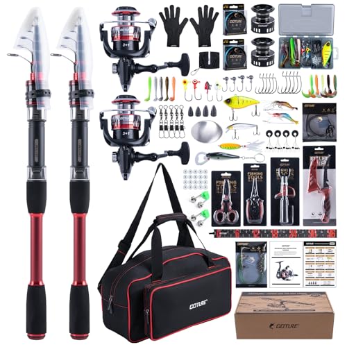 Goture Angelset mit 2 Teleskop-Angelruten,2,4m Angelrute Set Komplett 2 5.2:1 Spinnrolle, Schnur, Köderbox & Tragetasche – für Salz-/Süßwasser, Reisen–Angelgeschenk