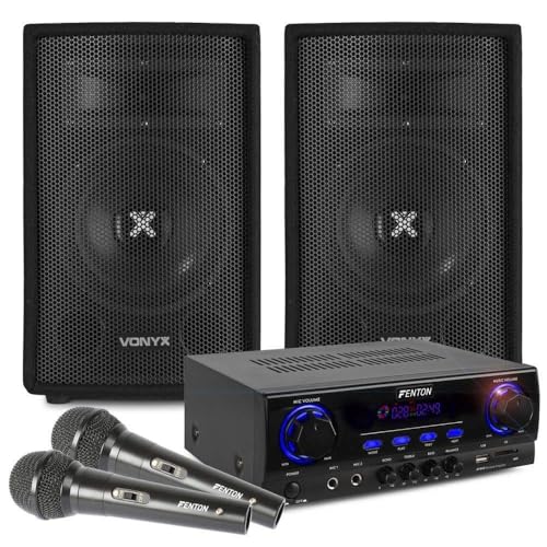 Karaoke Anlage mit 2 Mikrofonen - Vonyx SL8 PA Lautsprecher Set 400 Watt und Fenton AV440BT Bluetooth Verstärker, Mobile PA Anlage Komplettset mit Kabeln, DJ Anlage, Karaoke Set, Karaoke Maschine