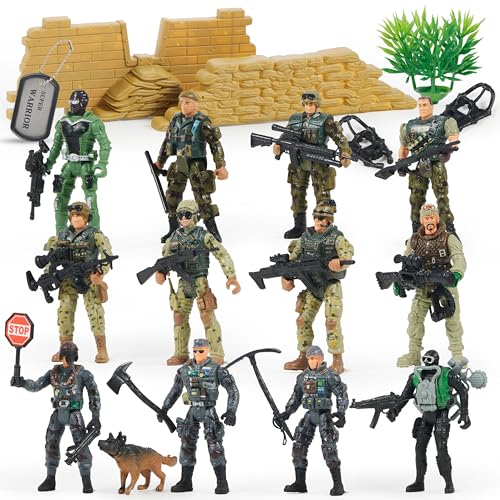 JOYIN 16 Stücke Militär Soldaten Spielset Armymen Figuren mit 12 realistischen Army Ranger Actionfiguren und Waffenzubehör, Militärspielzeug Kampfspielzeug für Kinder Rollenspiele Geschenk