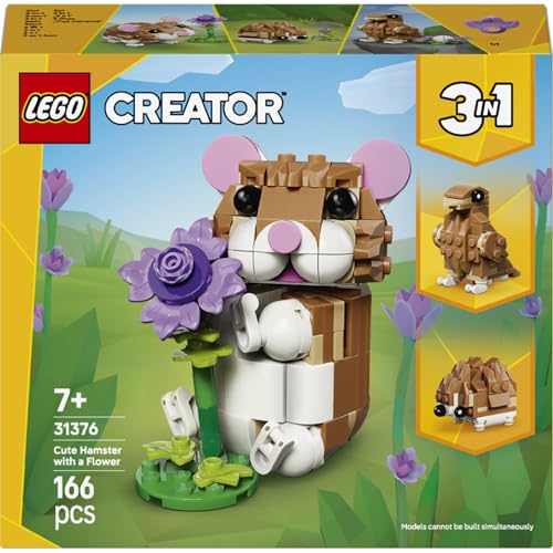 LEGO Creator 3in1 Niedlicher Hamster mit Blume 31376 | Spielzeug ab 7 Jahren für Mädchen, MINT Konstruktionsspielzeug mit 3 Bauoptionen, Hamster Tierfigur, Geschenk, 166 Teile
