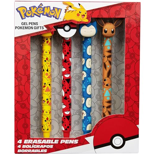 Pokemon Radierbarer Kugelschreiber Kinder 4er Stifte Set, Blaue Tinte Tintenroller mit Radiergummi, Schule Geschenke für Jungen und Mädchen (Multi Pikachu & Eevee)