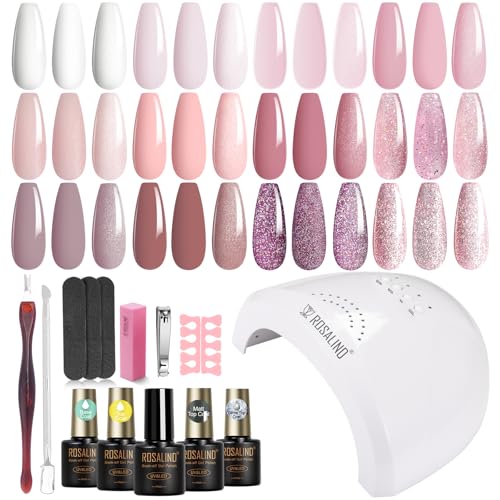 ROSALIND UV Nagellack Set mit UV Lampe, 12+4 Stück Gelnägel Starterset Weiß Rosa Nude lila Haferflocken Farbgel Gel Nagellack Gelnägel für Nägel Maniküre Nageldesign-Set