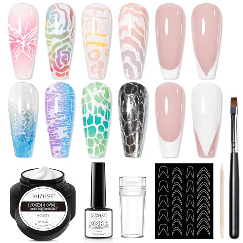 MIZHSE Poke Gel Nagellack, Weißer Gel-Nagellack mit French Tip Stamper, Poke Gels Set für Nageldesign