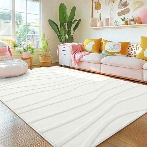 Homaxy Teppich Wohnzimmer 80 x 150 cm, Rutschfest und Waschbar, Weicher Plüsch mit Wellenmuster, Kurzflor für Schlafzimmer, Kinder- und Haustierfreundlich, Creme