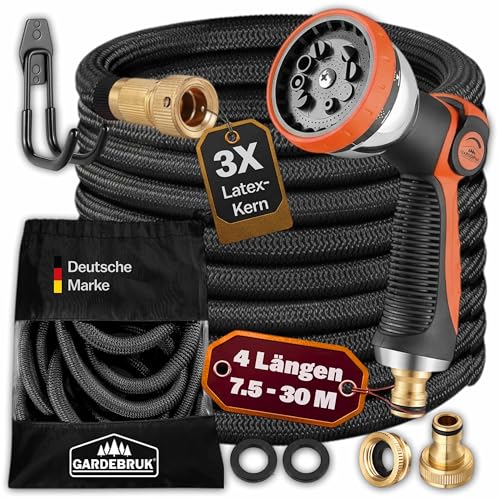 GARDEBRUK® Flexibler Gartenschlauch 22m 3fach Latexkern Vollmessing Adapter 1/2' 3/4' Zoll Wandhalterung Tasche Flexschlauch Wasserschlauch Schwarz
