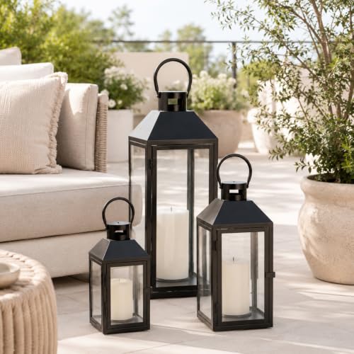 Mojawo 3er Set Gartenlaterne Windlicht Laterne Laternen Metalllaterne Set Dekoration Außen Metall Schwarz H23/39/49cm