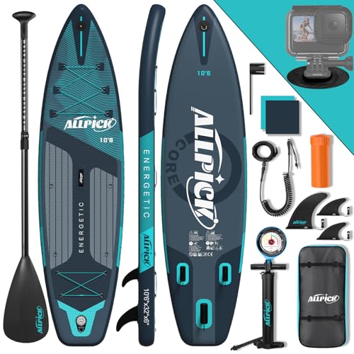 ALLPICK Premium SUP Board Set, Stand Up Paddling Board Aufblasbar, Mit Universal Kamerahalterung, Komplettes Zubehör, Verstellbares Paddel, Anfänger, Fortgeschrittene, 200kg (Premium-Grün)