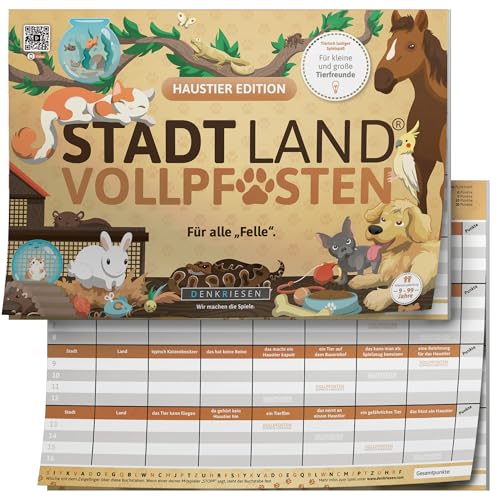 DENKRIESEN - Stadt Land VOLLPFOSTEN® - Haustier Edition | DIN A4 Spielblock | Ab 9 Jahren | ab 2 Spieler | Stadt Land Fluss | Familienspiel | Spielblock für Tierfreunde | Perfekt für Partys