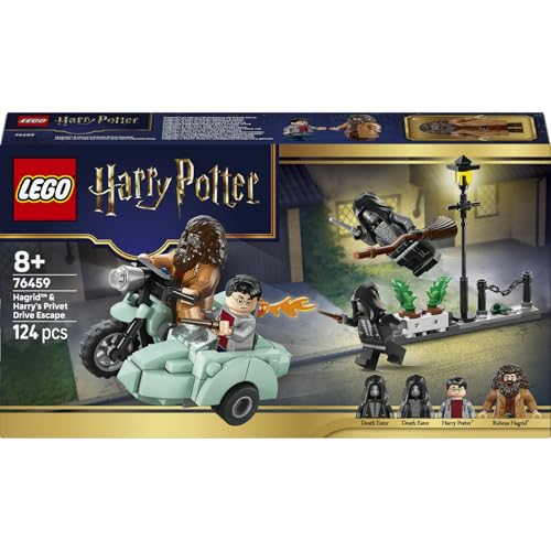 LEGO Harry Potter Hagrids und Harrys Flucht aus dem Ligusterweg 76459 | Spielzeug ab 8 Jahren für Jungen & Mädchen, Motorrad Modell mit 4 Minifiguren, 2 Todesser, Straßenszene, Geschenk, 124 Teile