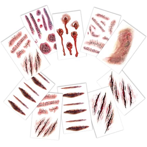 Halloween Tattoo Gesicht(10 Blatt),Narben Tattoos,Zombie Wunden Halloween Gesichtstattoo,Spezial Fx Kostüm Make Up Stützen
