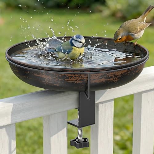 WELDUN Vogeltränke hängend für Balkongeländer, Φ26CM Metall Vogelbad Balkon, Große Kapazität Antike Vogelbad Garten für Wildvögel, Winterfest Futter Wasserschale, Vintage Bronze