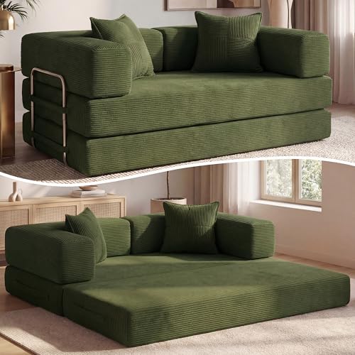 Vipbear Cordstoff Schlafsofa 200×100×70cm, 5-in-1 Umwandelbares Bodensofa aus Kord, Hochdichter Schaumstoff, Haustierfreundlich & Ergonomisch, Keine Montage, Grün