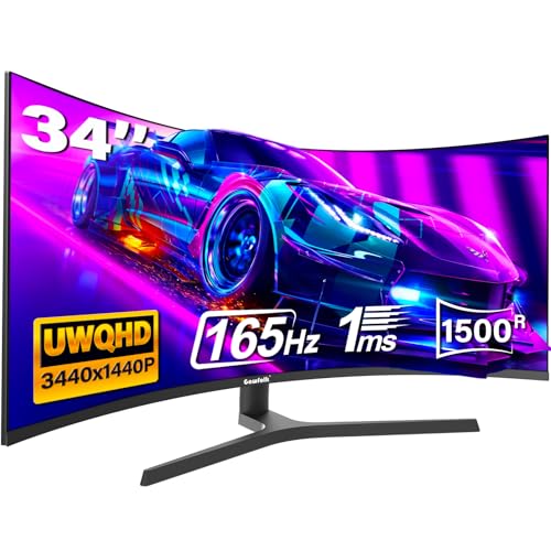 Gawfolk 34 Zoll Ultrawide Curved Gaming Monitor 165Hz, 1500R PC Bildschirm UWQHD (3440x1440) Gebogenes Computerbildschirm mit Höhenverstellung, VESA 75x75