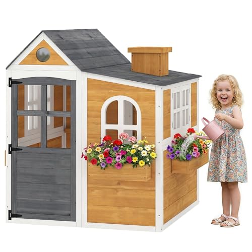 AIYAPLAY Kinderhütte für den Außenbereich aus Holz, Kinderhaus im Außen- und Innenbereich mit Tür, Fenster, 3 Blumenkästen, wetterfest, Spielhaus für 3-6 Jahre, 125,5 x 119 x 126 cm, gelb