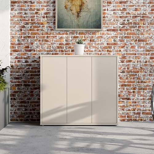 Forte Alice Springs Schuhschrank 100 110, Flurschrank mit 3 Türen und 8 Einlegeböden, Holzwerkstoff, Kaschmir Beige, 109,2 cm breit x 99,1 cm hoch x 34,9 cm tief