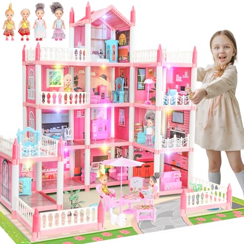 Puppenhaus für Mädchen Kleinkinder - Riesiges Puppenhaus mit 4 Puppen Figur, Möbel, Zubehör, LED Licht, 4 Geschichten Prinzessin Traumhaus Spielzeug Geschenk für Kinder 3 4 5 6 7 8 Jahre alt (Rosa)