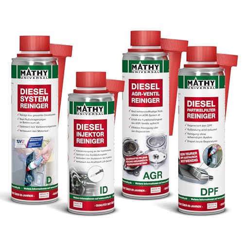 MATHY Diesel-Komplett-Kur - Diesel Additiv Reinigungsset - DPF Reiniger + Diesel Systemreiniger + Injektoren Reiniger + AGR Reiniger, 4 Dosen