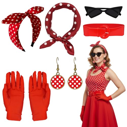 Qnvyw 6 Stück Rockabilly Accessoires Damen, 50er Jahre Damen Kleid Zubehör, 1950s Kostüm Set mit Chiffon Schal Polka Dot Stirnband Katzen Auge Brille 60er Jahre Kleidung (Rot)