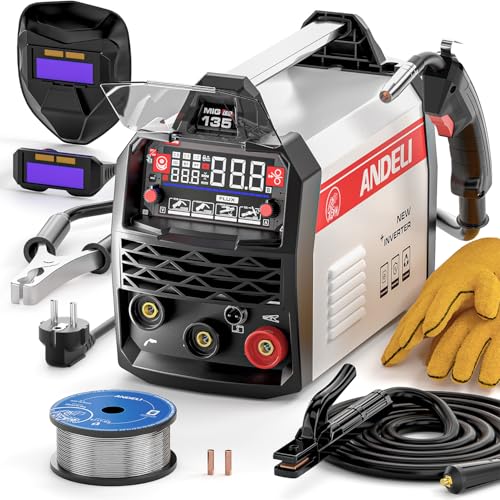 ANDELI 135A Kompakt Schweißgerät mit Fülldraht MIG/MAG | 230V Komplett-Set inkl. Helm & Handschuhe | Mit großer LED-Anzeige & Synergie | Für TIG und E-Hand – sofort startklar