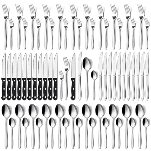 Hunnycook Besteck Set 12 Personen mit Steakmesser, Premium Edelstahl Besteck Set 72 Stück, Elegantes Besteckset mit Messer Gabel Löffel für Haus/Restaurant/Party, Spülmaschinenfest