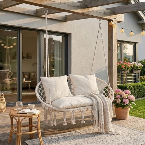 casa.pro Hängesessel mit Kissen Kailua Hängeschaukel für 2 Personen Boho Gartenschaukel 135 x 129 x 65 cm Hängekorb Sessel Indoor Outdoor bis 200 kg Cremeweiß