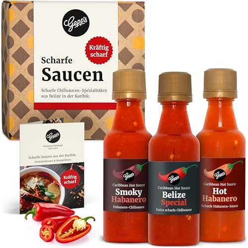 Gepp‘s Feinkost scharfe Soßen Set I Hot Sauce Set mit 2 feurigen Habanero Chili Saucen und einer Hot Belize Sauce I Chili Geschenkset, hergestellt nach eigener Rezeptur I 3 x 50ml