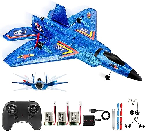 Fremego F-22 RC Flugzeug, 2.4Ghz Ferngesteuertes Flugzeug Raptor Fighter Flugzeug Modell Spielzeug mit 6 Axis Gyro System für Anfänger Kinder Erwachsene (F22Blau)
