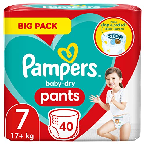 Pampers Windeln Pants Größe 7 (17kg+) Baby-Dry, Extra Large, 40 Höschenwindeln, BIG PACK, mit Stop- und Schutz Täschchen