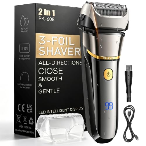 Rasierer Herren Elektrisch, 2-in-1 Elektrorasierer Herren Folienrasierer, 80Min Akku & Reise-Lock, USB-C, IPX7 Wasserdicht, Ultradünne Folie, Präzisionstrimmer, Hochfrequenz-Vibration für Glatte Haut