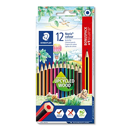 STAEDTLER Buntstifte Noris colour, rutschfeste Soft-Oberfläche, hohe Bruchfestigkeit, Made from Upcycled Wood, intensive Farben, Sechskantformat, 12 Farbstifte + 1 Buntstift im Kartonetui, 185 SET9