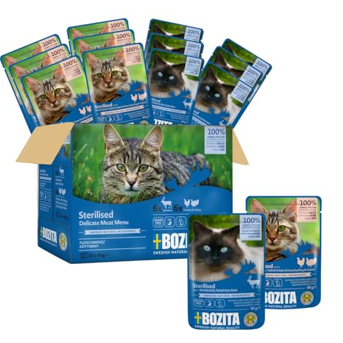 Bozita Sterilised Nassfutter Multibox - Häppchen in Sauce mit Fleisch - 12x85g Portionsbeutel getreidefreies & weizenfreies Mixpack - Futter für Katzen mit 8,5% Protein & 3,5% Fett
