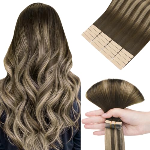 hotbanana Tape in Extensions Echthaar, 35cm Tape Extensions Echthaar 14 Zoll 20 Stück 50g Balayage Schokoladenbraun bis Honigblond Echthaar Extensions Tape Gerade Remy Echthaar Tape Extensions