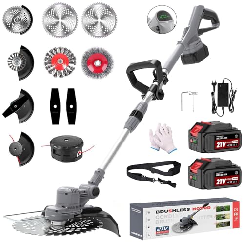 Akku Rasentrimmer für Makita Akkus,Rasentrimmer mit Unkrautbürste 2 X 4.0Ah Akkus,4-In-1 Akku Freischneider Mit LCD-Anzeige,Motorsense Akku,750W Bürstenloser Motor – für Garden Trimme (Grau)