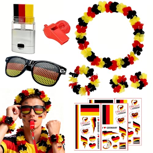 11 Stück Deutschland Fanartikel Set, Fußball WM 2026, EM Fußball Party Deko, Fanpaket mit Blumenkette Girlanden Brille Pfeife Gesichtsschminke Aufkleber, WM Deutschland Fanartikel für Stadionbesuche