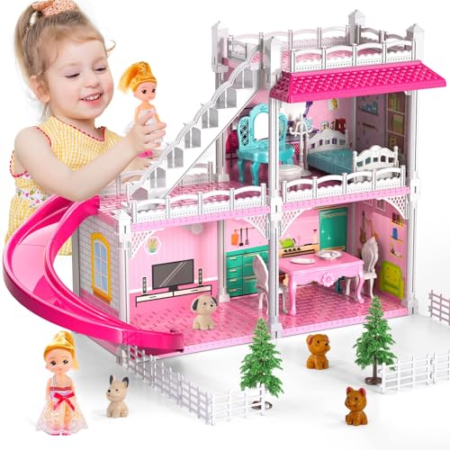 Doloowee Puppen Spielhaus, Mädchen Traum Spielzeug Haus Möbel Rosa Mädchen Spielzeug, 2 Geschichten 3 Zimmer Puppen Spielhaus mit 2 Prinzessinnen Rutsche Zubehör, Kleinkind Spielhaus Geschenk