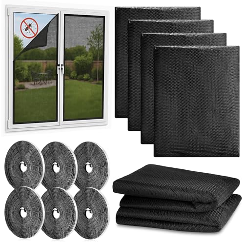 Mexgcom 6 Stück Fliegengitter Fenster, 130 x 150cm Insektenschutz Fenster mit Klettband Selbstklebend, Moskitonetze für Fenster schützen die Familie vor Insekten (Schwarz)