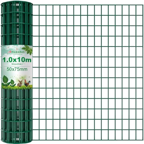 Amagabeli 1.0M x 10M Drahtzaun Grün | Gartenzaun aus Stahl mit PVC-Beschichtung | Maschendraht 50x75 mm | Sichtschutz, Hundegitter, Geflügelzaun, Kaninchendraht, Wildschutz