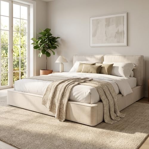 Merax Polsterbett 180x200 cm mit hydraulischem Stauraum, Doppelbett mit Lattenrost und Kopfteil, modernes Funktionsbett mit stabilem Rahmen und elegantem Design, Chenille-Stoff, Beige (ohne Matratze)