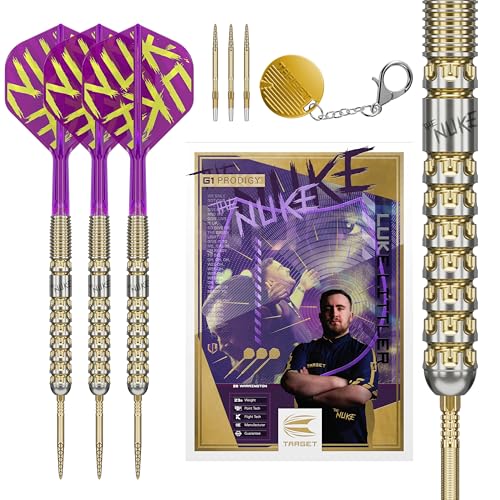 Target Darts Luke Littler Gen 1 Prodigy Steel Tip Swiss Point Darts, 90% Tungsten Darts, 23G | Generation 1 Gold Steel Tip Dart, Player Edition Swiss Points Dart Sets, K-Flex Flights und Shafts