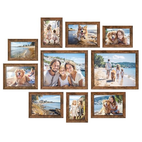 SONGMICS Bilderrahmen 10er Set, 16 Passepartouts, zwei 20 x 25 cm, vier 13 x 18 cm, vier 10 x 15 cm, aufhängen, aufstellen, Glas, 12 spurlose Wandhaken, vintagebraun RPF049X01