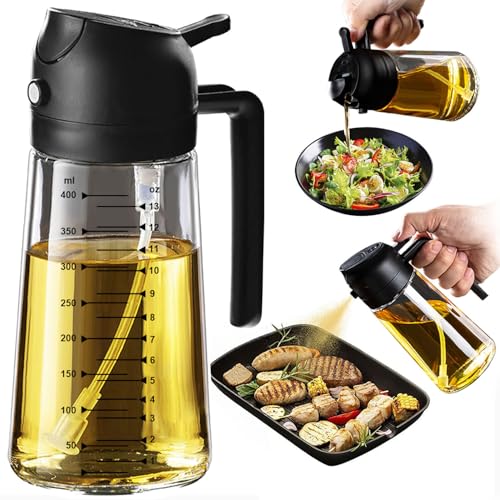 TrendPlain 16oz Ölsprüher für Speiseöl – 470ml Olivenöl Flasche – 2-in-1 Ölspender und Ölsprüher – Küchen Gadgets für Kochen, Salat und Grill Schwarz