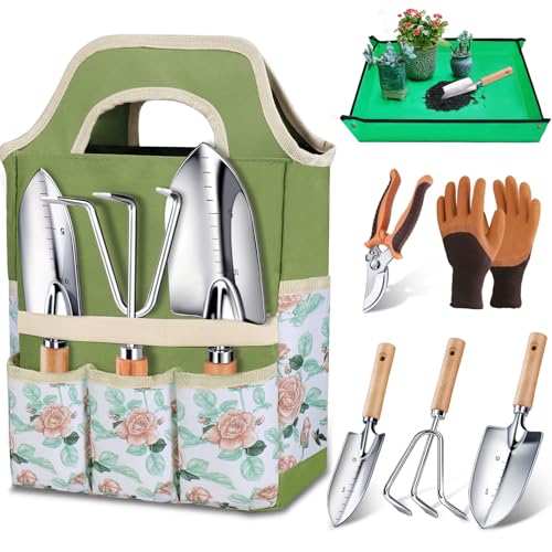 Kynup Gartenwerkzeug Set, 7-teiliges Gartenset aus Edelstahl mit Gartengeräte Tragetasche, Robustes Rostfrei Garten Werkzeug Set, Ideale Garten Geschenk für Frauen, Männer Und Gartenliebhaber