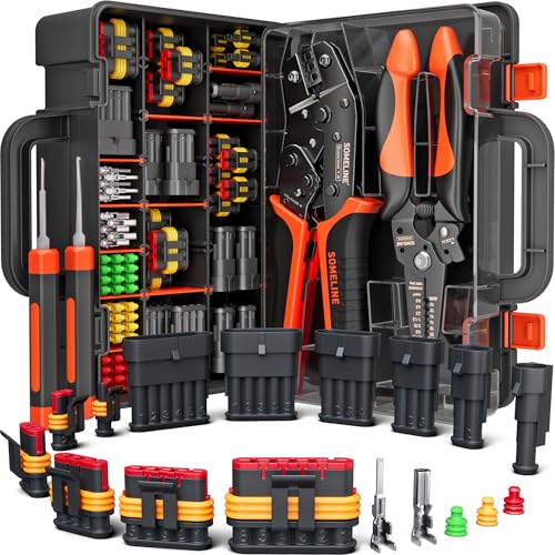 SOMELINE Crimpzange Wasserdicht Kfz Stecker Set, Crimpzange [0,34–2,5mm²], mit 1/2/3/4/5/6 Pin Kabelsteck Kfz – Wasserdichter Kabelstecker, Autostecker, Wasserdichter Steckverbinder