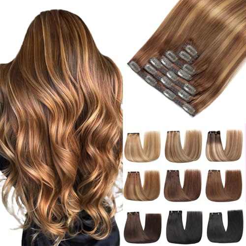 EINbeauty Clip In Extensions Echthaar 7Stücke Extensions Echthaar Gerade Unsichtbar Echthaar Extensions Extensions Clip In Haarverlängerung 80g 35cm(14Zoll，4/4/27#）